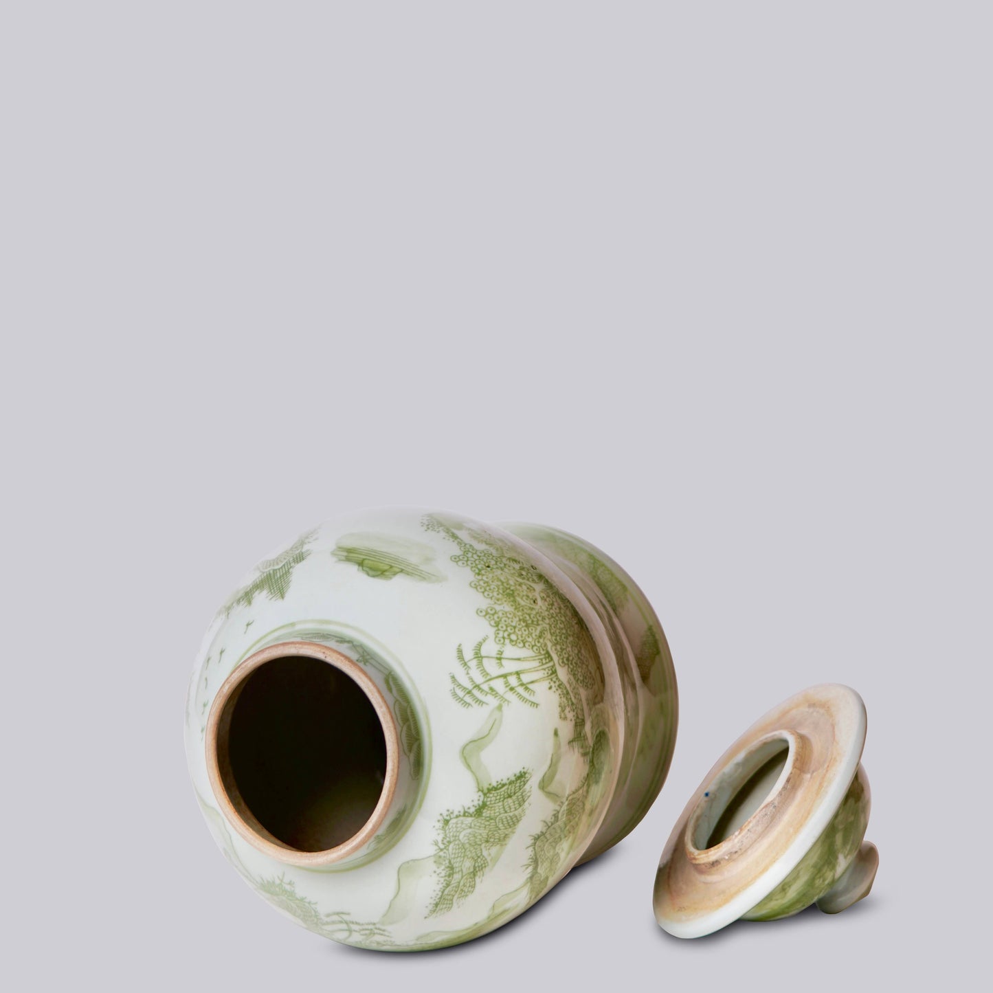 Medium Green and White Porcelain Landscape Temple Jar