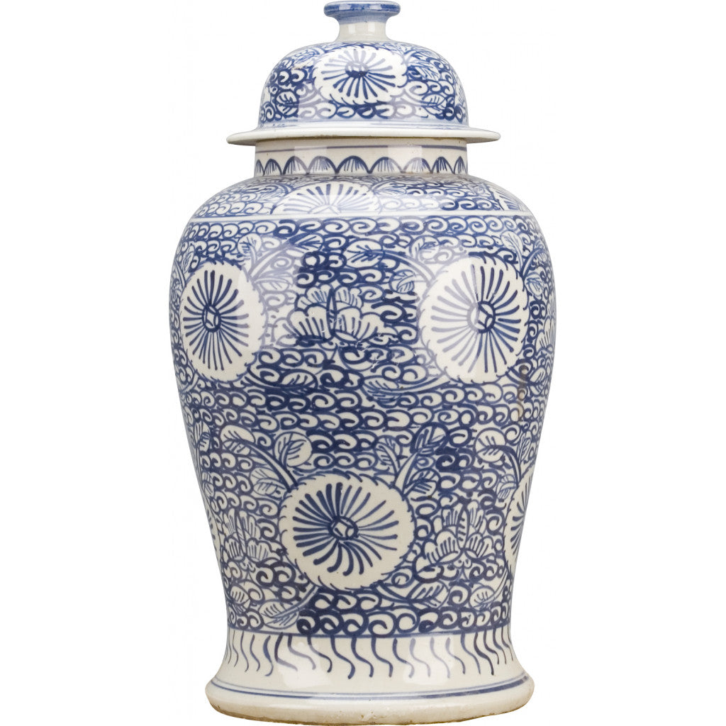 PORCELAIN TEMPLE JAR- BLUE AND WHITE