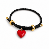 Heart Charm Braided Cord Bracelet – 18K Gold Plated Brass with Enamel Heart Pendant