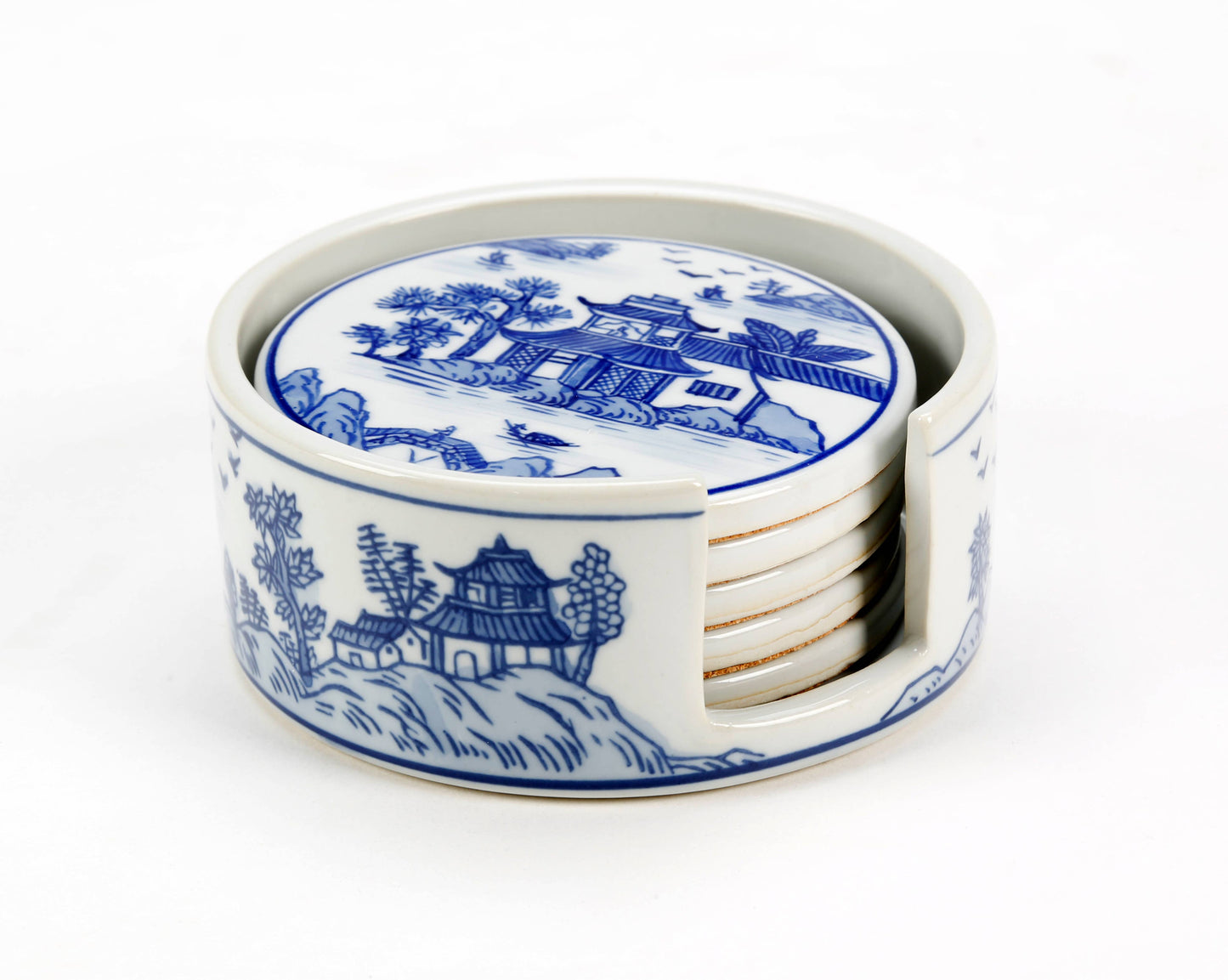 Set of 5 Coasters, Blue and White Pagoda Design