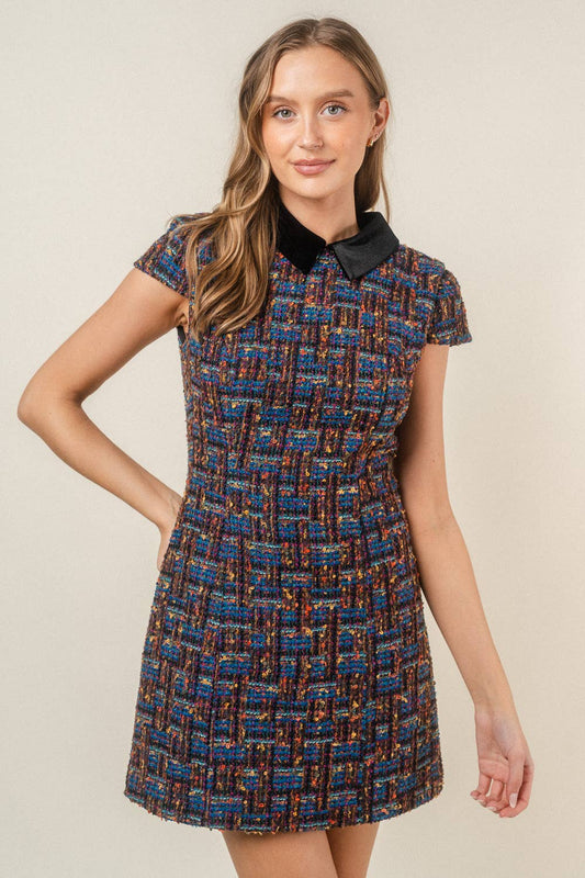 PREPPY VELVET COLLAR TWEED DRESS