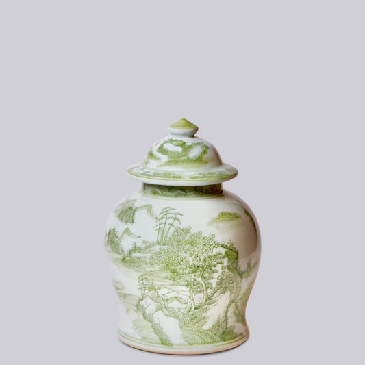 Medium Green and White Porcelain Landscape Temple Jar