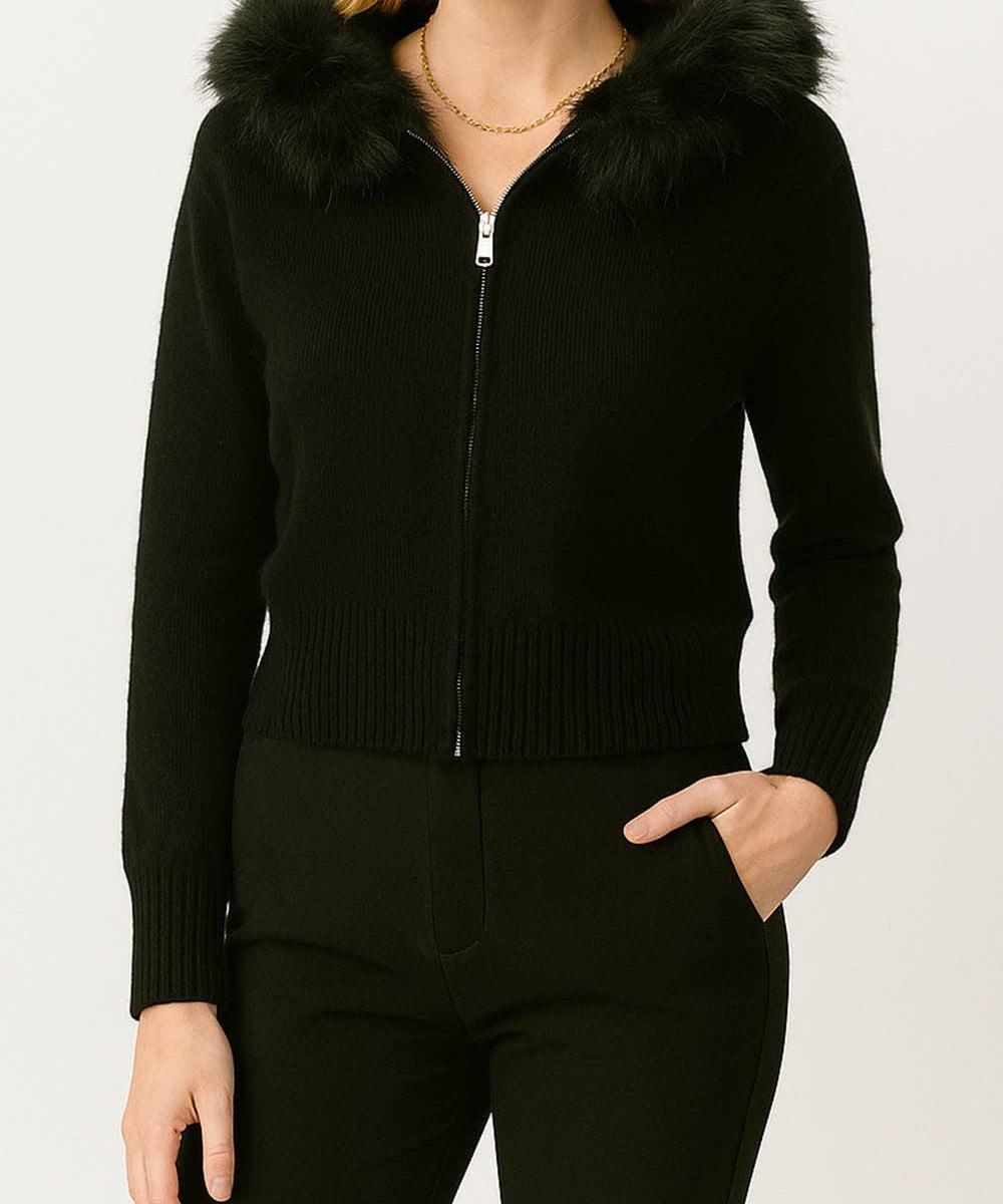 Fur Trim Hooded Cardigan