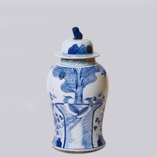 Phoenix Pair Blue & White Porcelain Temple Jar