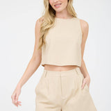 ROUND NECK SLEEVELESS LINEN  BLOUSE