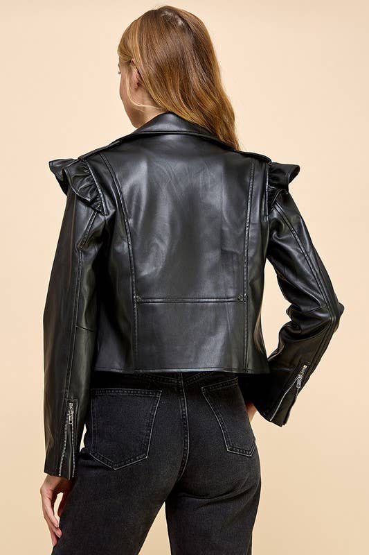 Ruffle Sleeve Leather Jacket