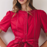 Contrast Stitch Belted Dress