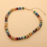 Boho Flat Natural Stone Wooden Beaded Necklace