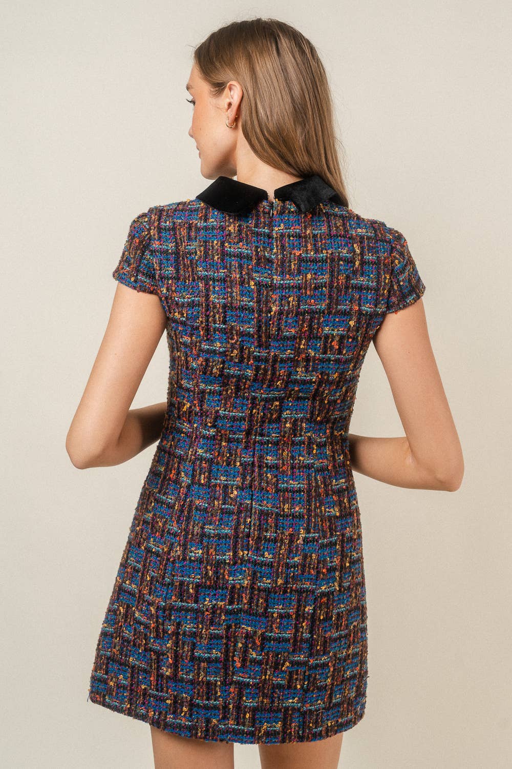 PREPPY VELVET COLLAR TWEED DRESS