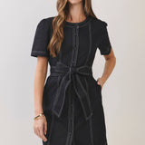 Contrast Stitch Belted Dress