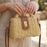 Woven Straw Turn Lock Handbag