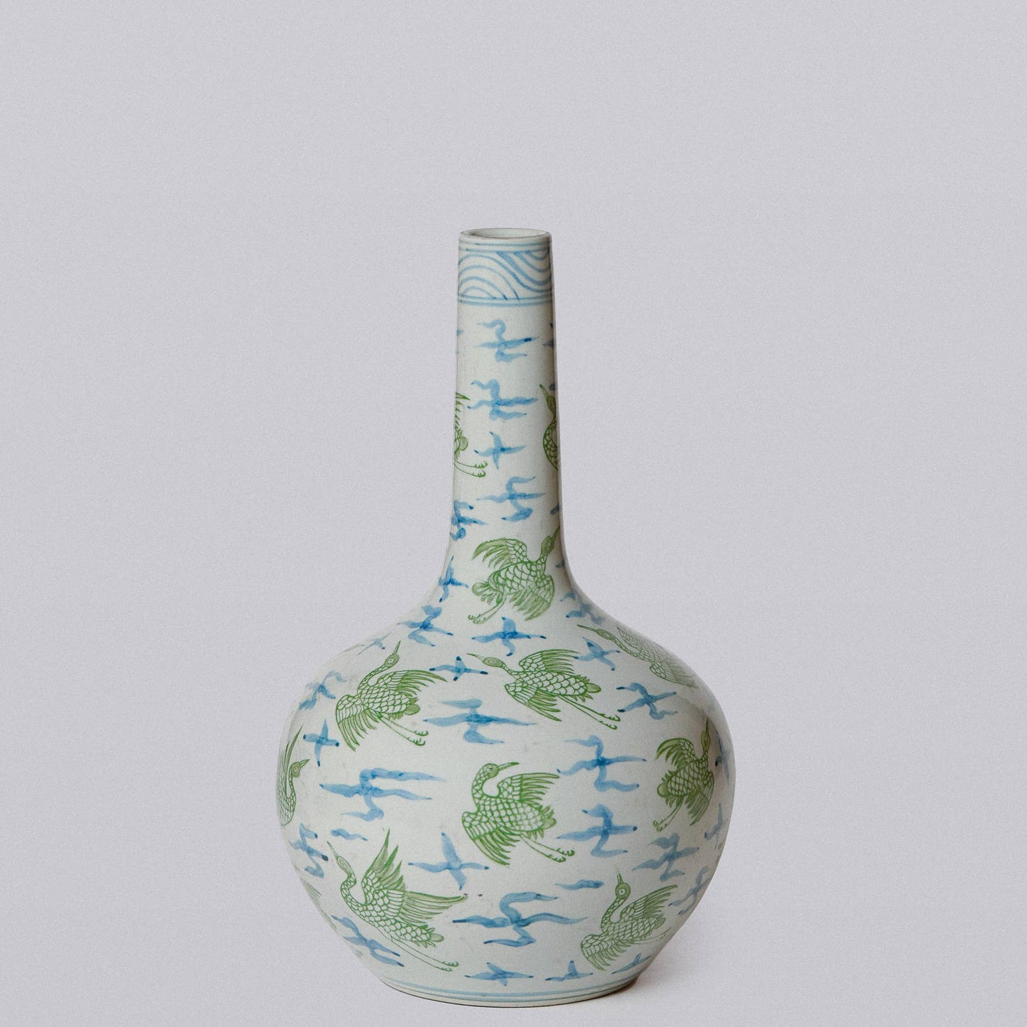 Green and Blue Porcelain Cranes and Clouds Globe Vase