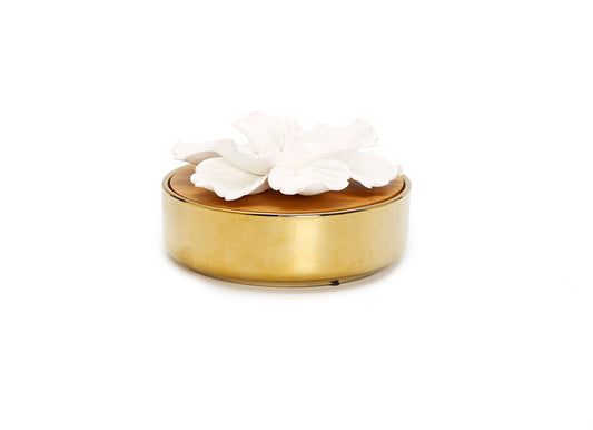 Glossy Gold Hemispheric Shaped Diffuser with White Flower