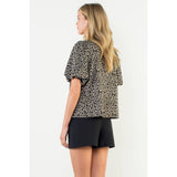 Leopard Print Puff Sleeve V-Neck Top