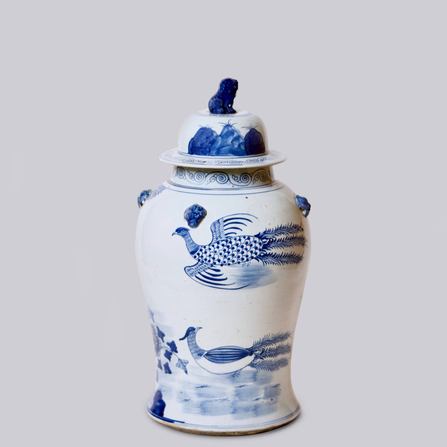 Phoenix Pair Blue & White Porcelain Temple Jar