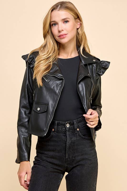 Ruffle Sleeve Leather Jacket