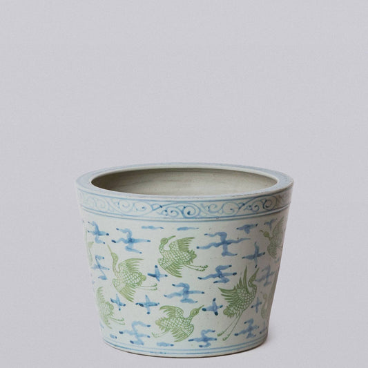 Green and Blue Cranes and Clouds Porcelain Planter