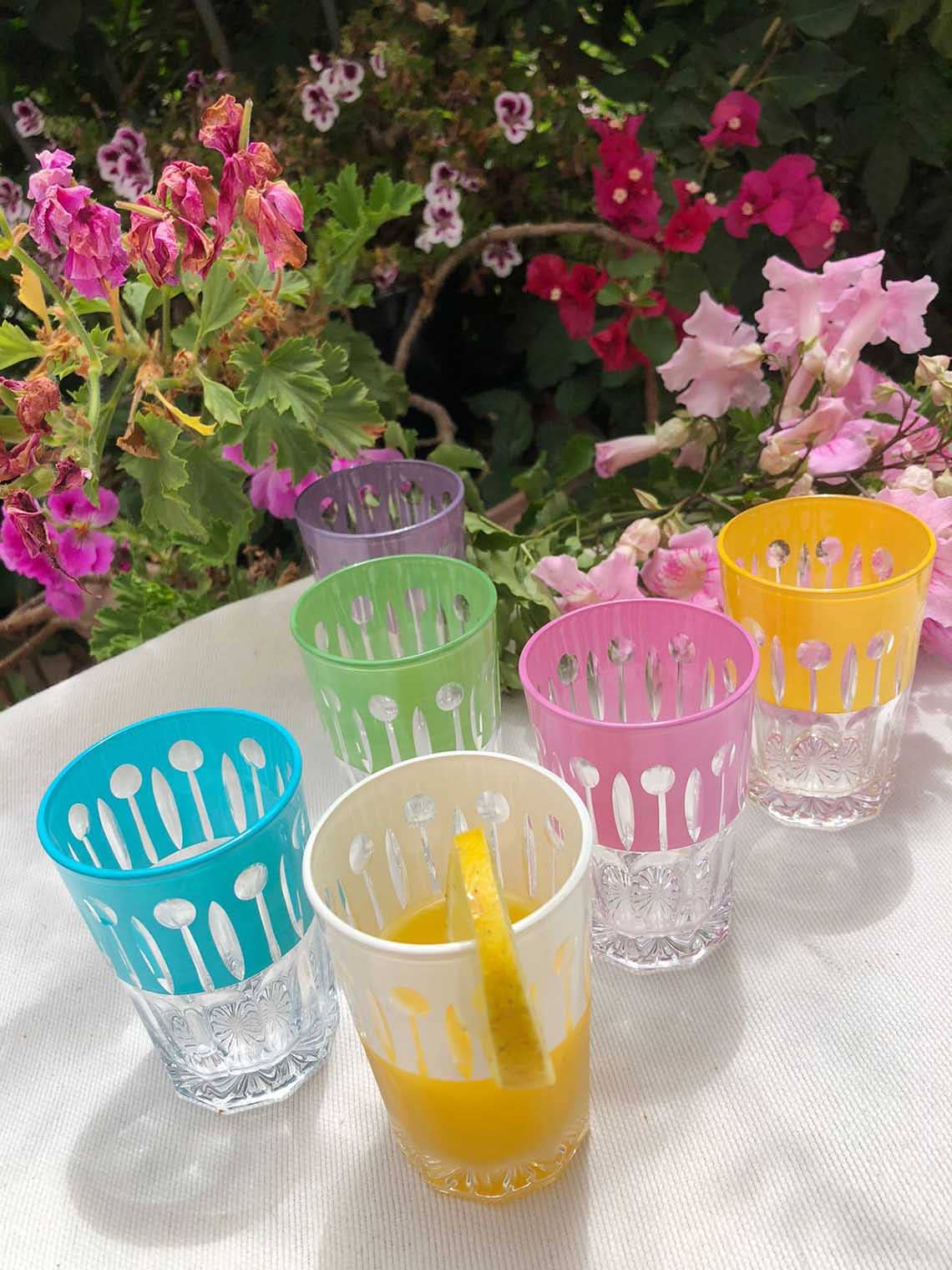 Set of 6 Tea Glasses Carved  Crowns Pastels