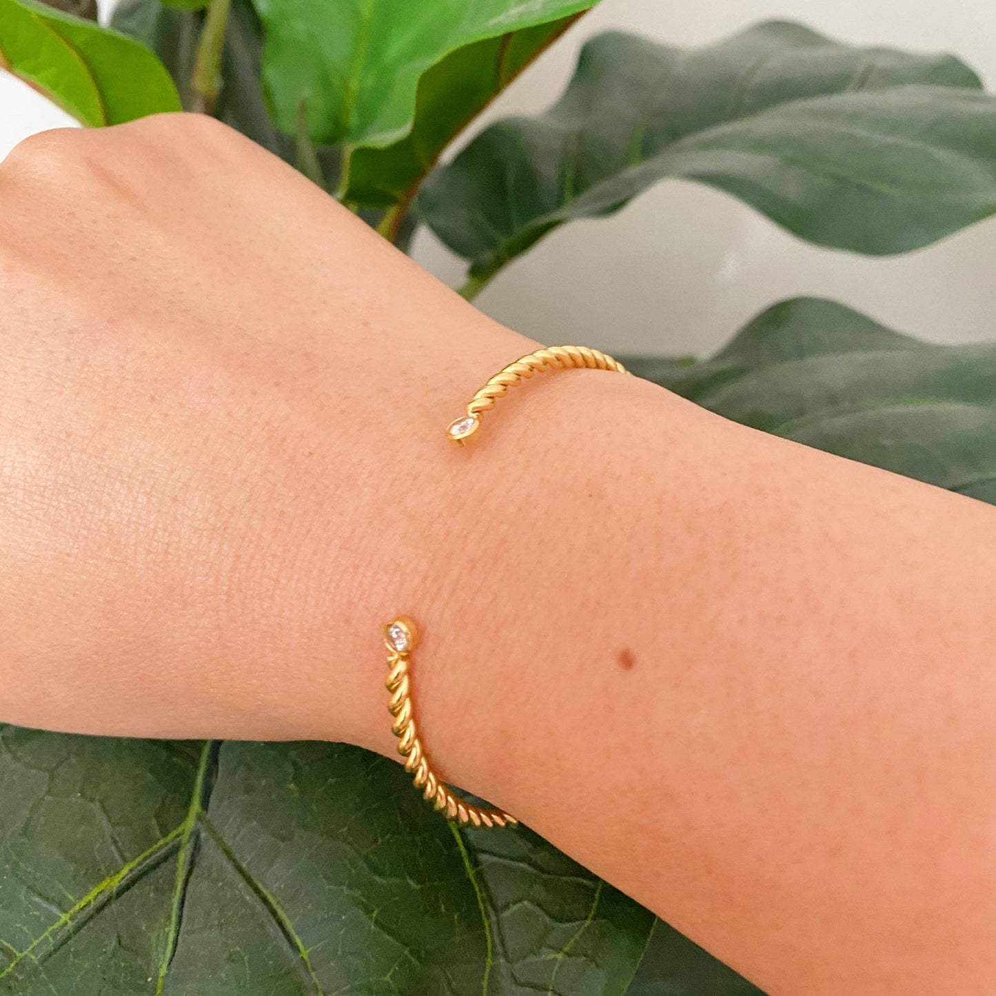 Slim And Cabled Open Bangle Bracelet: Gold