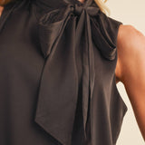 Mock-Neck Bow Sleeveless Blouse