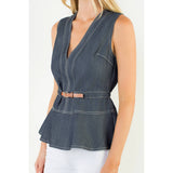 Belted V-Neck Denim Top