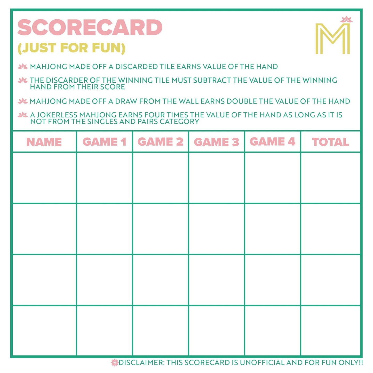 MAHJONG SCORECARD NOTEPAD WITH RULES