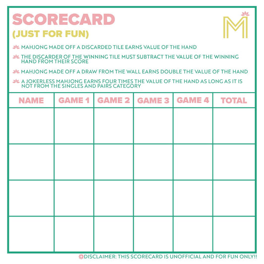 MAHJONG SCORECARD NOTEPAD WITH RULES