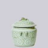 Green and White Porcelain Scrolling Peony Lug Jar