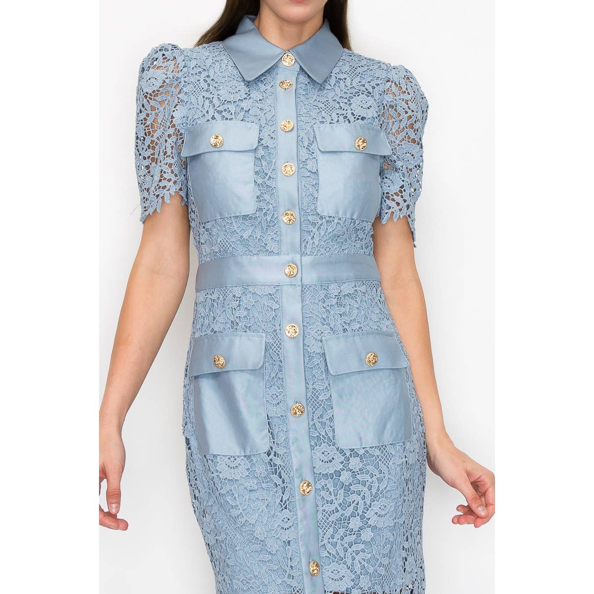 Buttoned Flower Lace Midi Dress