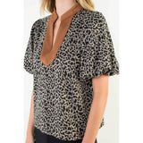 Leopard Print Puff Sleeve V-Neck Top