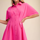 Short-Sleeve Pleated Shirt Mini Dress
