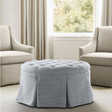 32" Light Blue Skirted Button Tufted Round Ottoman