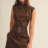 Belted Suede Mock Neck Dress