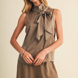 Mock-Neck Bow Sleeveless Blouse