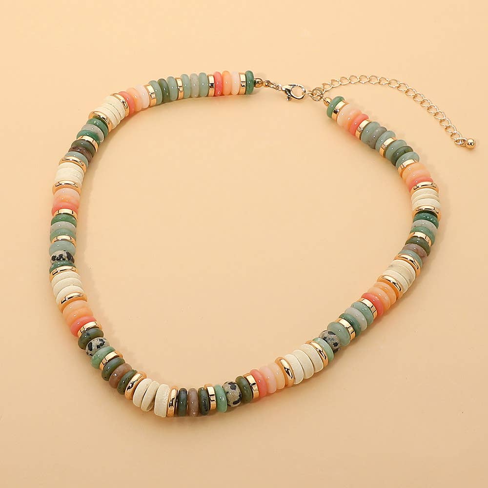 Boho Flat Natural Stone Wooden Beaded Necklace