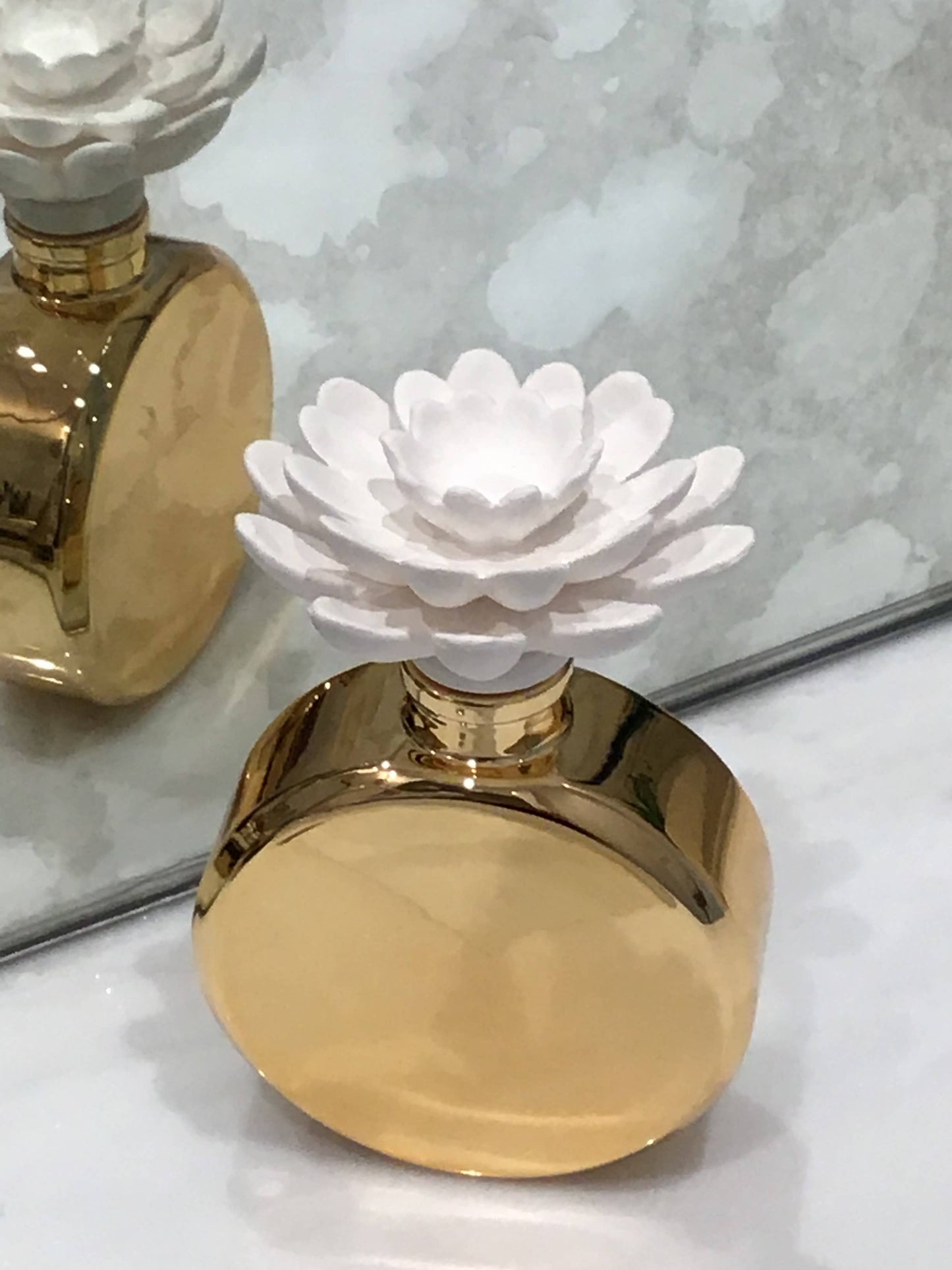 Gold Bottle Diffuser with White Flower, "Iris & Rose"