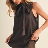 Mock-Neck Bow Sleeveless Blouse