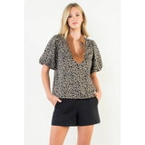 Leopard Print Puff Sleeve V-Neck Top
