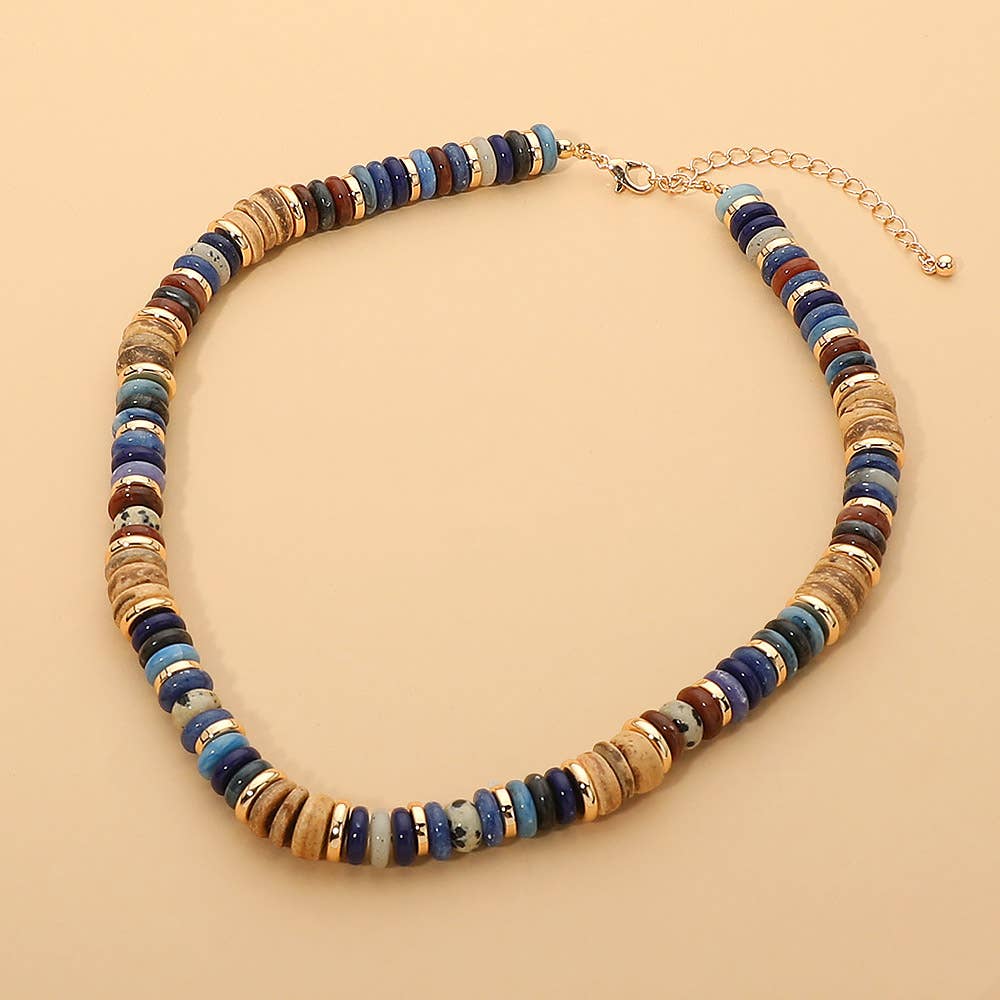 Boho Flat Natural Stone Wooden Beaded Necklace