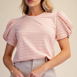 Round Neck Puff Sleeve Stripe Top