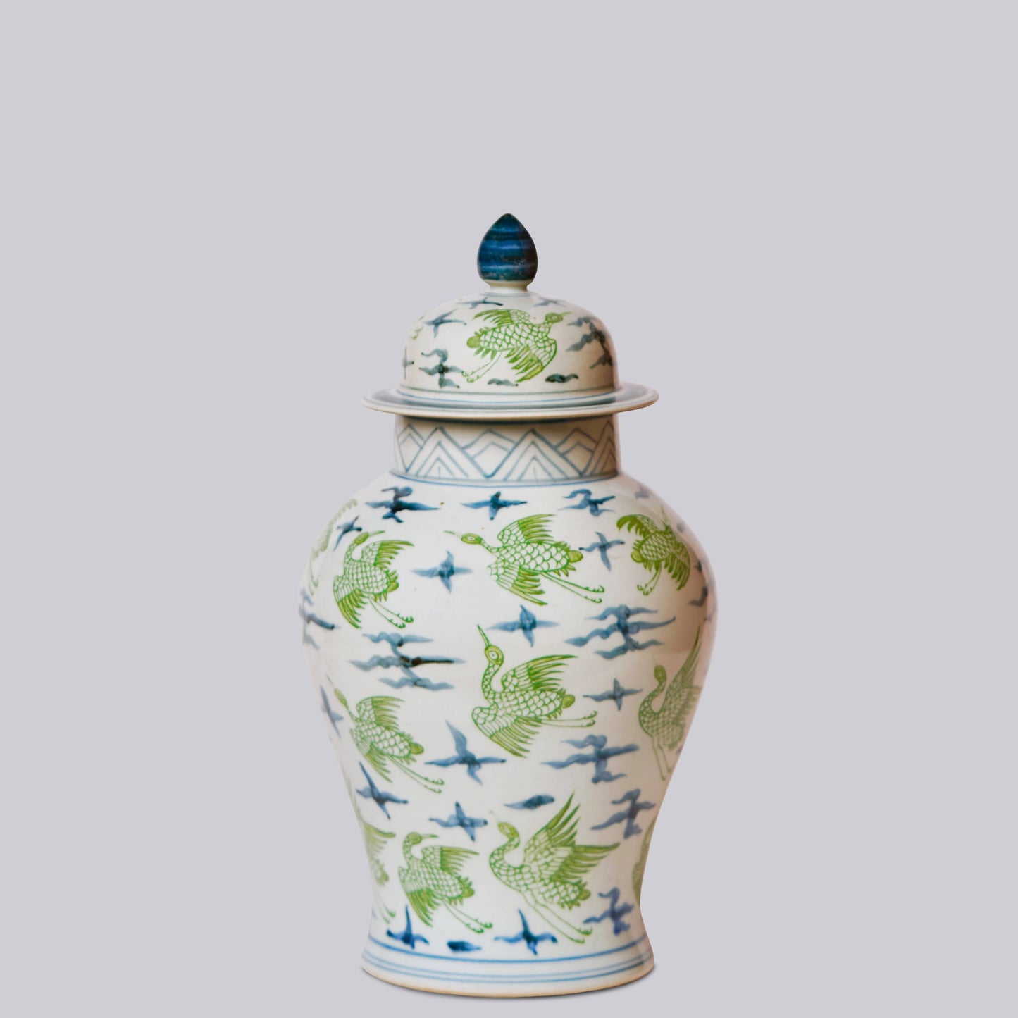 Flying Cranes Green and Blue Porcelain Temple Jar