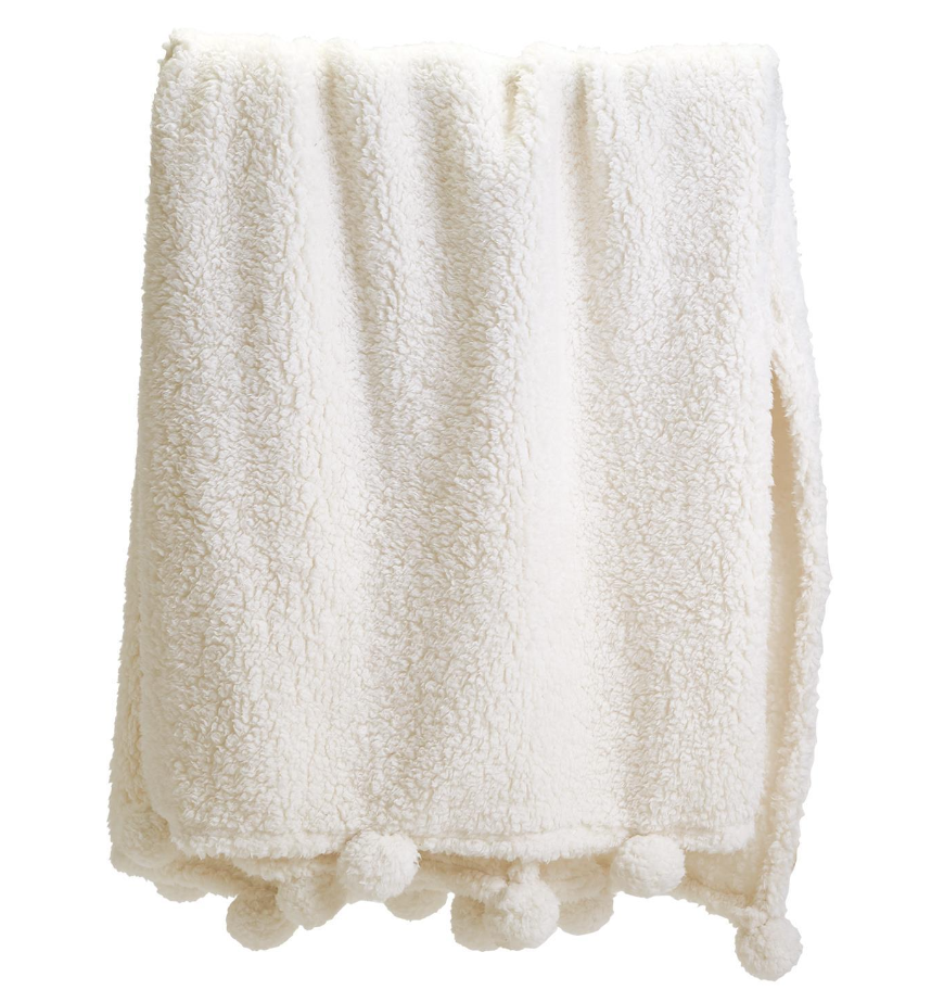 Ivory Plush Pom Pom Throw Blanket