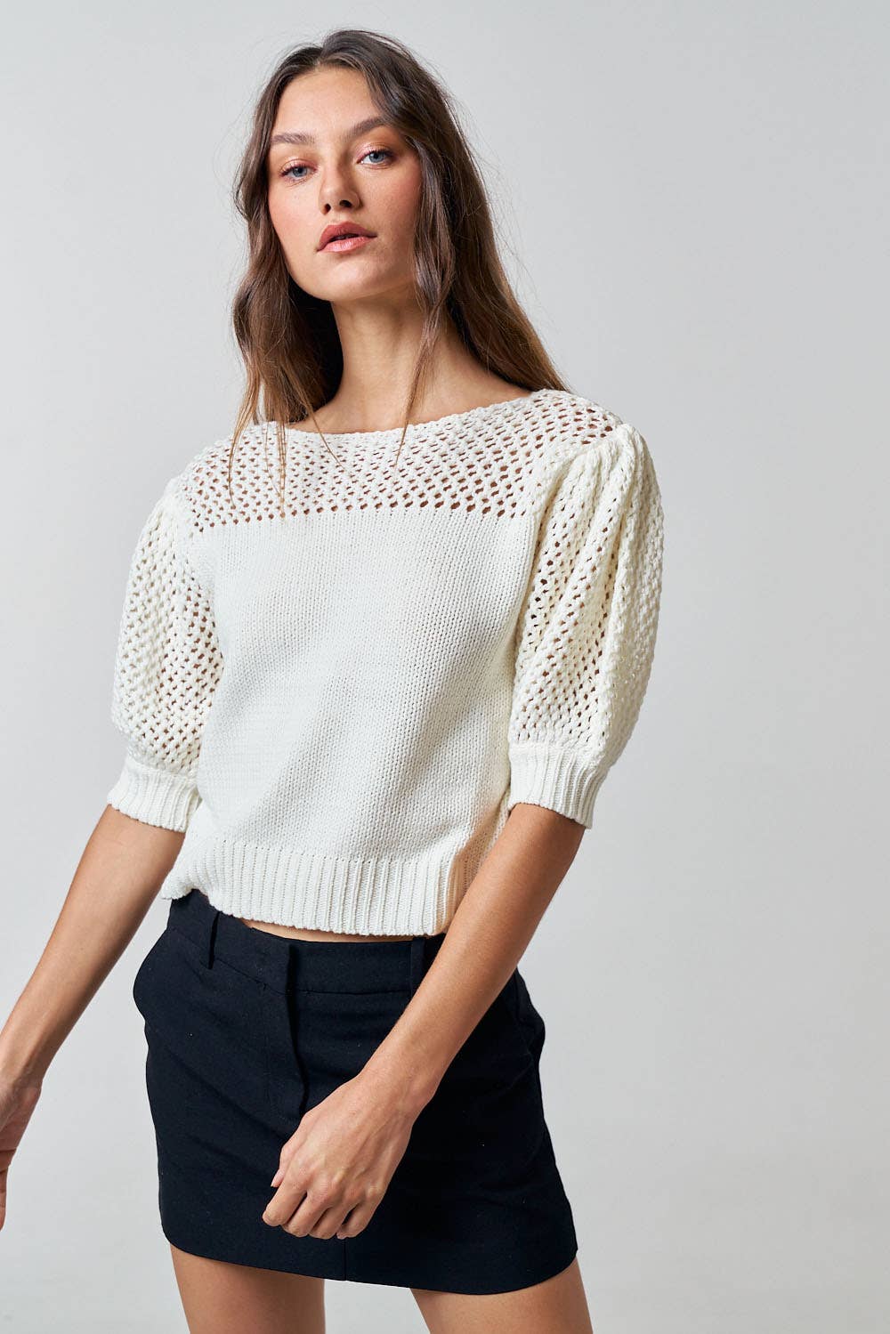 CONTRAST DETAIL PUFF SLEEVE SWEATER