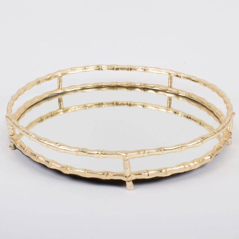 Gold Bamboo Mirrored Round Tray